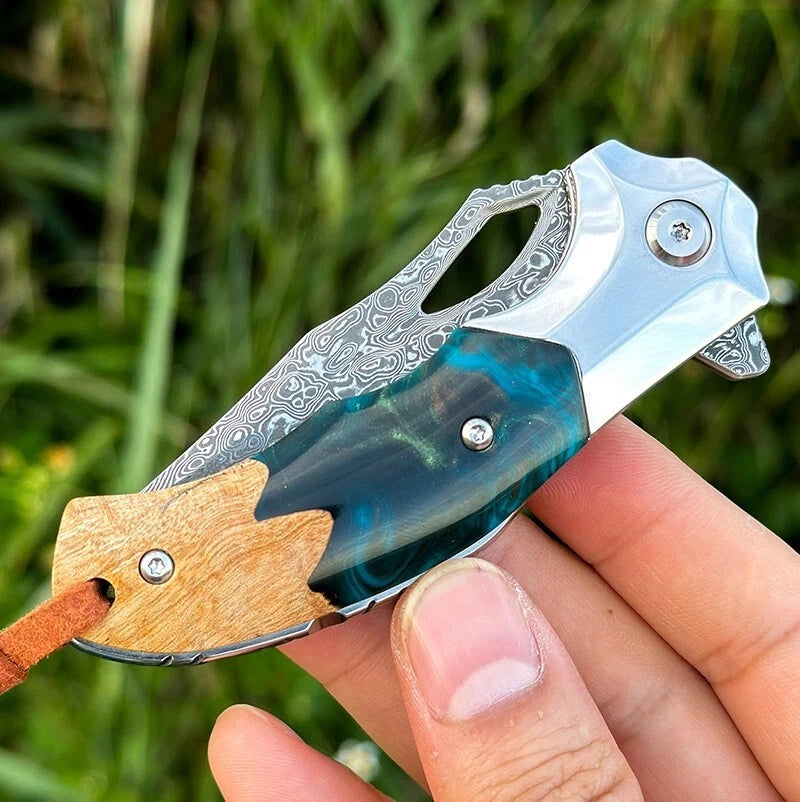 Handmade Damascus Steel Pocket Knife - Folding Knife - Outdoor Camping Hunting Survival Knife EDC White Hills Knives