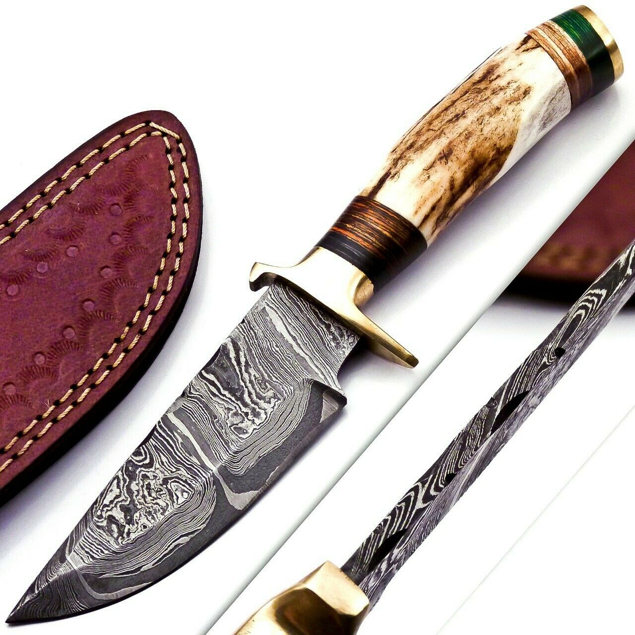 Custom Hand Forged Damascus Steel Hunting Brass Guard Knife& Stag Handle Wh 57 Knife