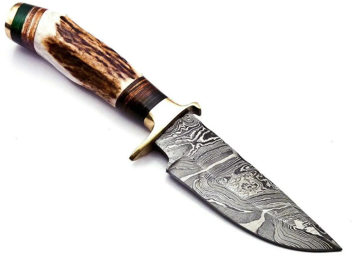 Custom Hand Forged Damascus Steel Hunting Brass Guard Knife& Stag Handle Wh 57 Knife