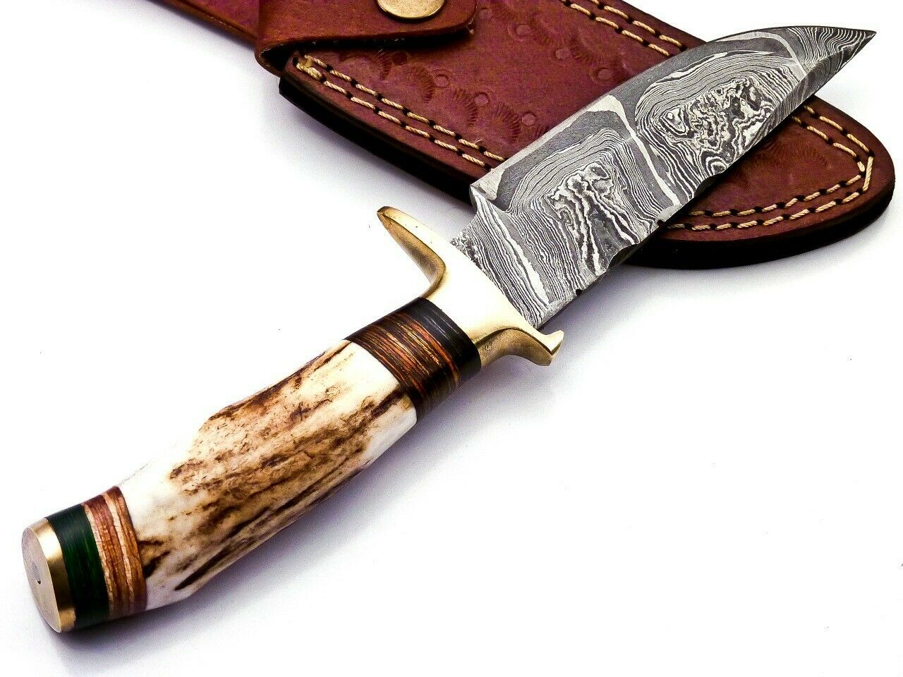 Custom Hand Forged Damascus Steel Hunting Brass Guard Knife& Stag Handle Wh 57 Knife