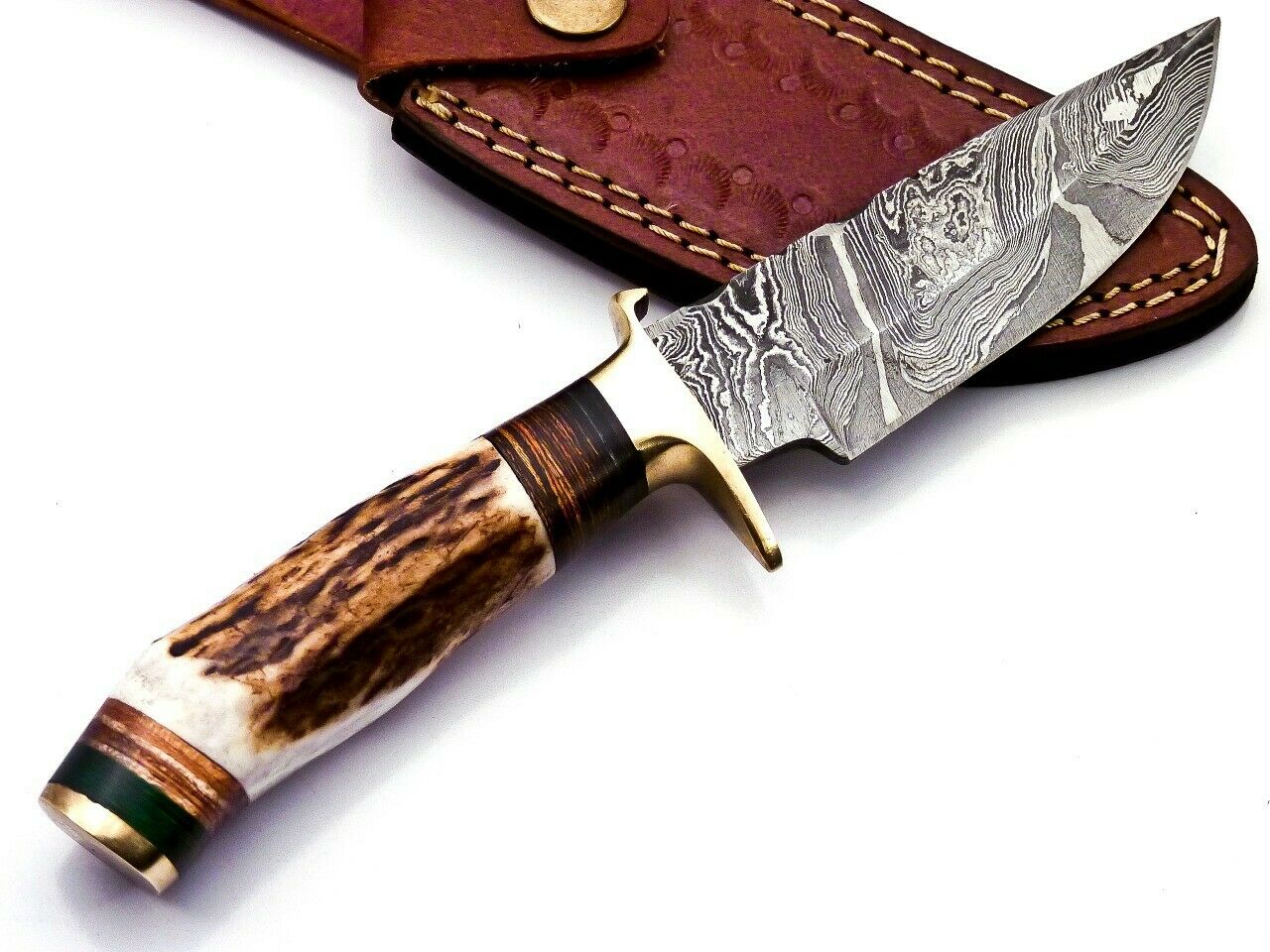 Custom Hand Forged Damascus Steel Hunting Brass Guard Knife& Stag Handle Wh 57 Knife