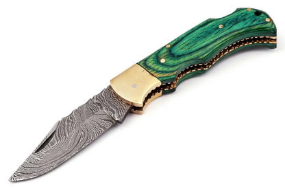 Custom Hand Forged Damascus Steel Folding Knife Stained Wood Handle Wh 1255 Green