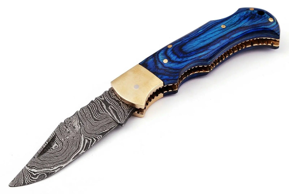 Custom Hand Forged Damascus Steel Folding Knife Stained Wood Handle Wh 1255