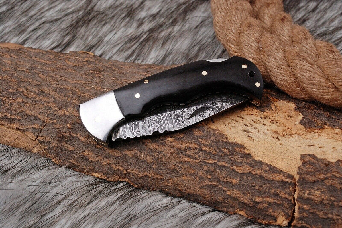 Customs Hand Made Forged Damascus Steel Folding Knife Bolster Bull Horn Handle Wh 2841