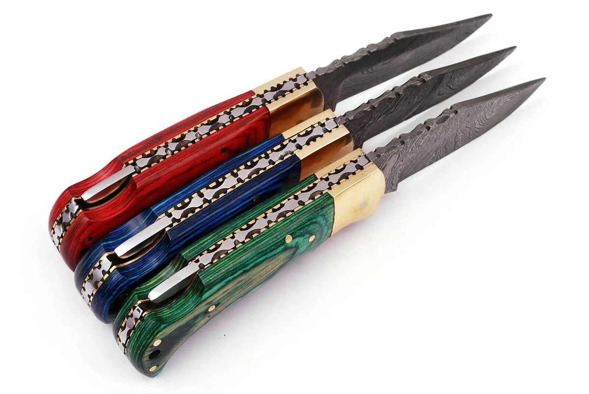 Custom Hand Forged Damascus Steel Folding Knife Stained Wood Handle Wh 1255