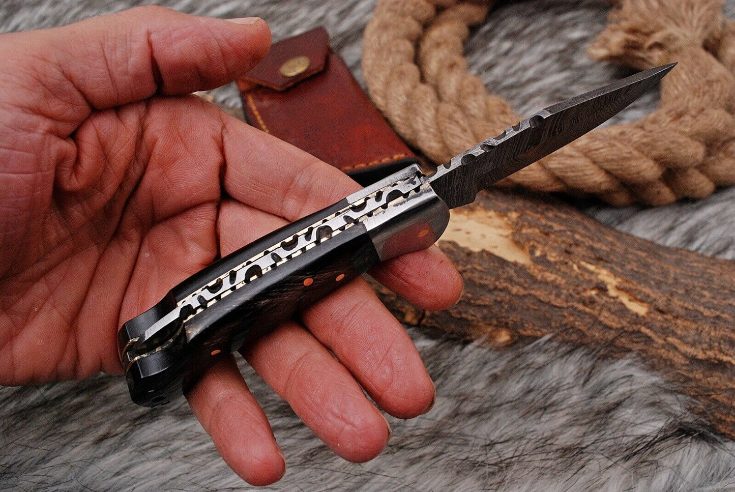 Customs Hand Made Forged Damascus Steel Folding Knife Bolster Bull Horn Handle Wh 2841