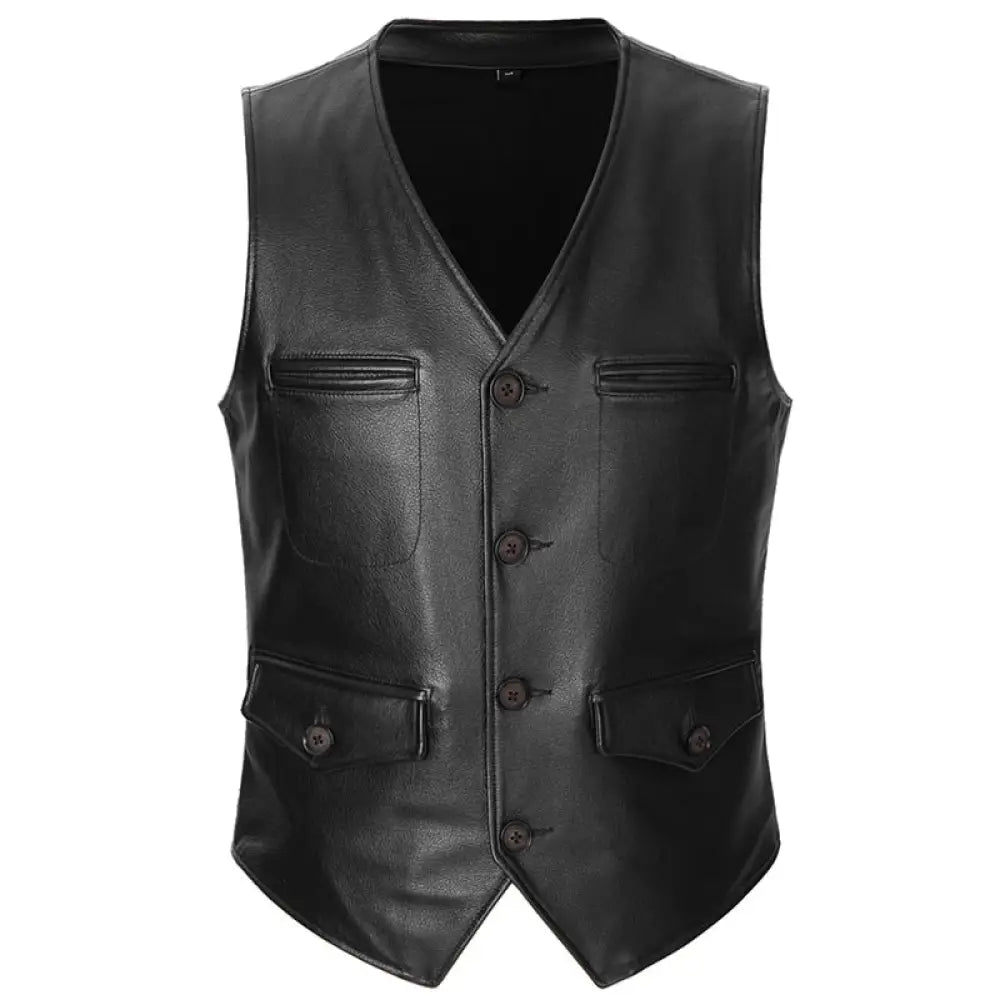 Slim Fit Mens Cowhide Vest Male Waistcoat Casual Business Genuine Leather Sleeveless Jacket Black /
