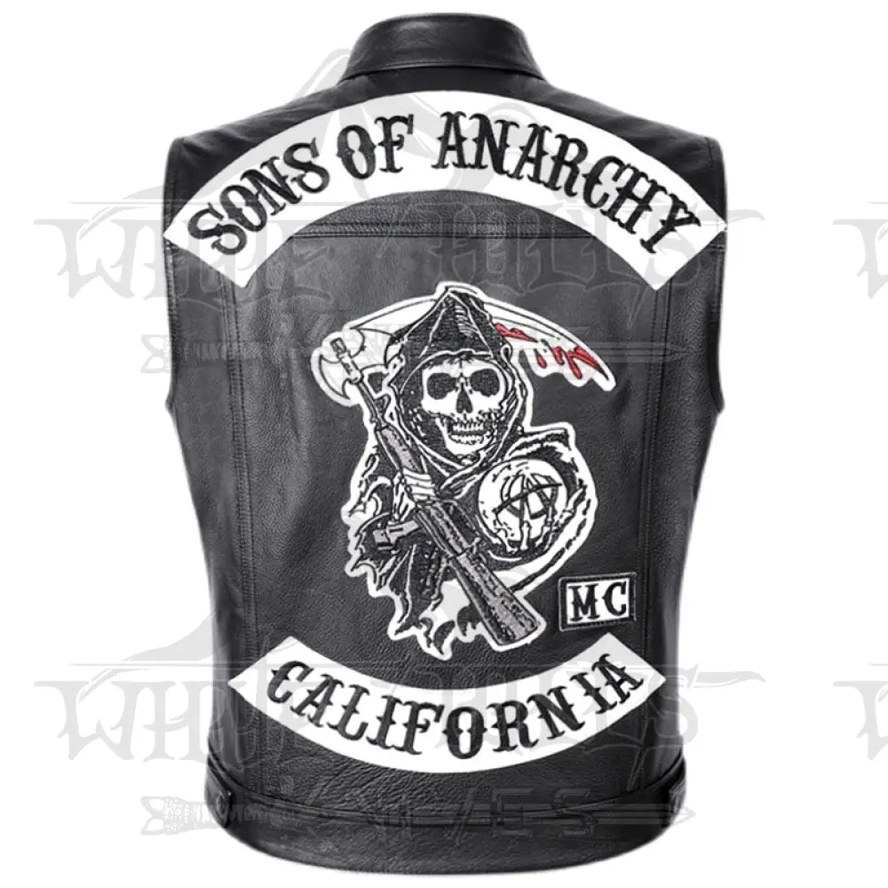 Sons Of Anarchy Classical Motorcycle Cowhide Leather Vest Black With Pattern / S