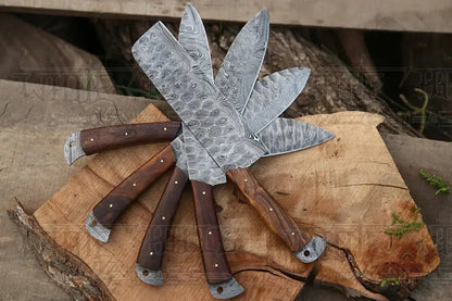 The Black Rose | Damascus 5 Piece Chef Knife Set & Leather Roll Kitchen Knives