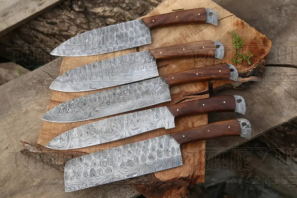 The Black Rose | Damascus 5 Piece Chef Knife Set & Leather Roll Kitchen Knives
