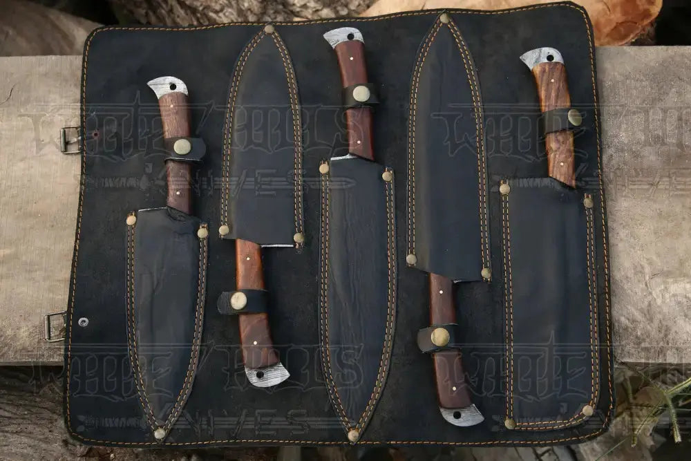 The Black Rose | Damascus 5 Piece Chef Knife Set & Leather Roll Kitchen Knives