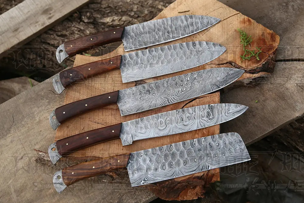 The Black Rose | Damascus 5 Piece Chef Knife Set & Leather Roll Kitchen Knives