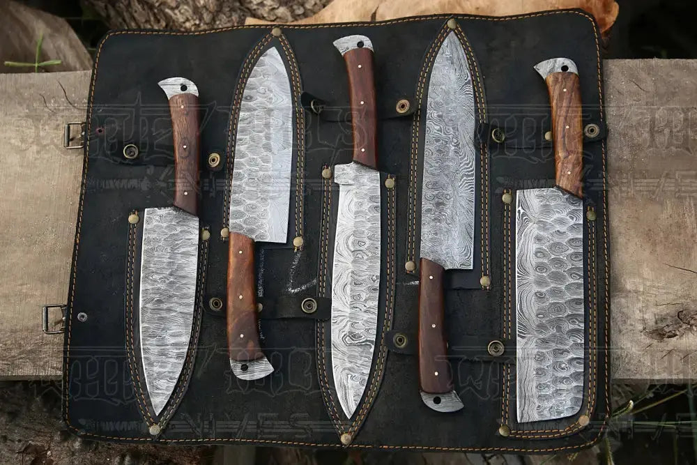 The Black Rose | Damascus 5 Piece Chef Knife Set & Leather Roll Kitchen Knives