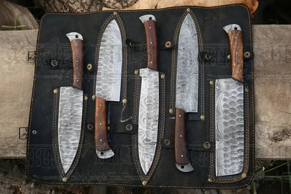 The Black Rose | Damascus 5 Piece Chef Knife Set & Leather Roll Kitchen Knives