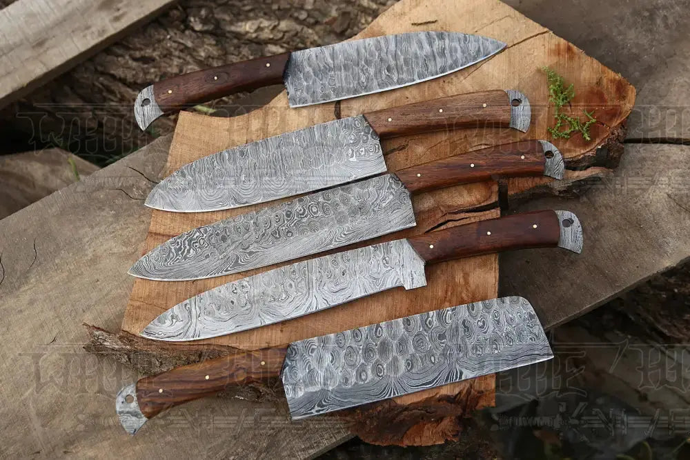 The Black Rose | Damascus 5 Piece Chef Knife Set & Leather Roll Kitchen Knives