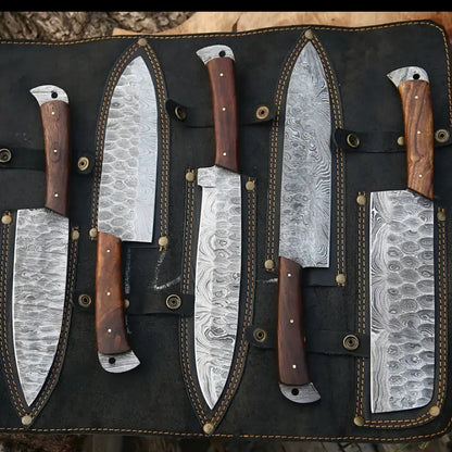 The Black Rose | Damascus 5 Piece Chef Knife Set & Leather Roll Kitchen Knives