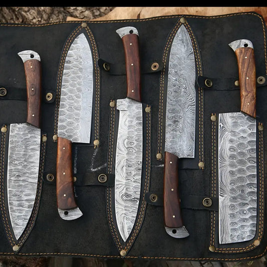 Handmade Damascus Chef Knife Set, of 5 Pcs Kitchen Knives, Mothers Day Gift  