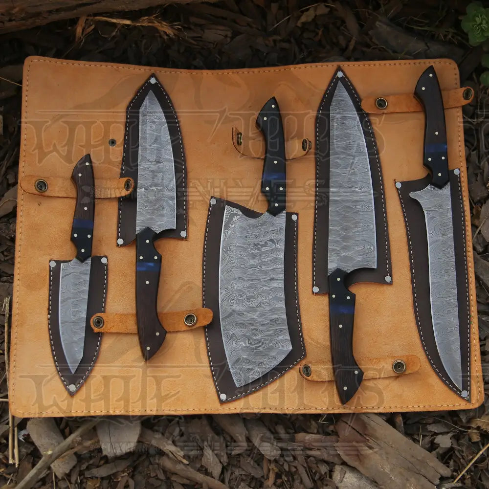 The Orchid - Handmade Damascus Chef Knife Set 5 Pieces Forged Kitchen