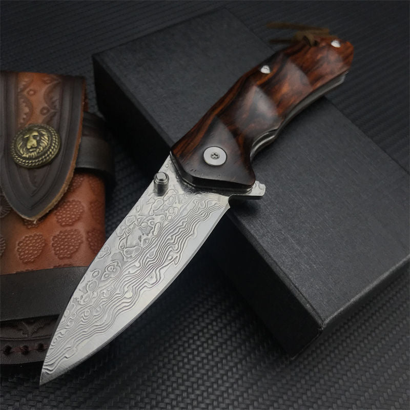 Japanese VG-10 Damascus Pocket Knife - Folding EDC Knife with Red Sandalwood Handle