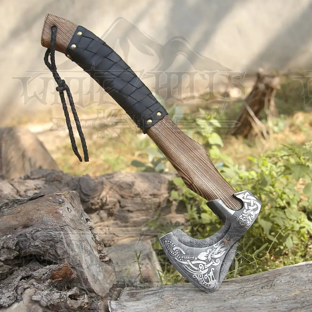 Handmade Forged Viking Axe Carbon Steel with Dark Wood Shaft