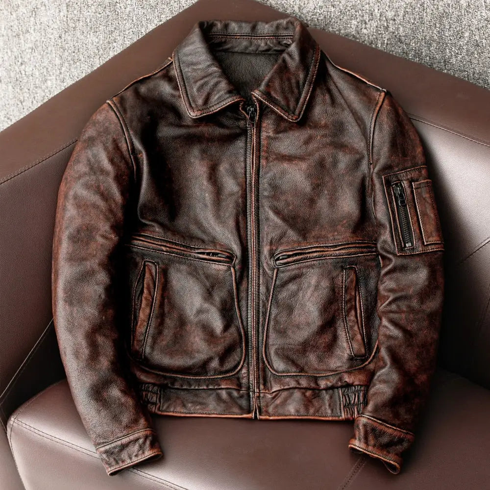 Vintage Genuine Cowhide Leather Jacket Men Brown / S