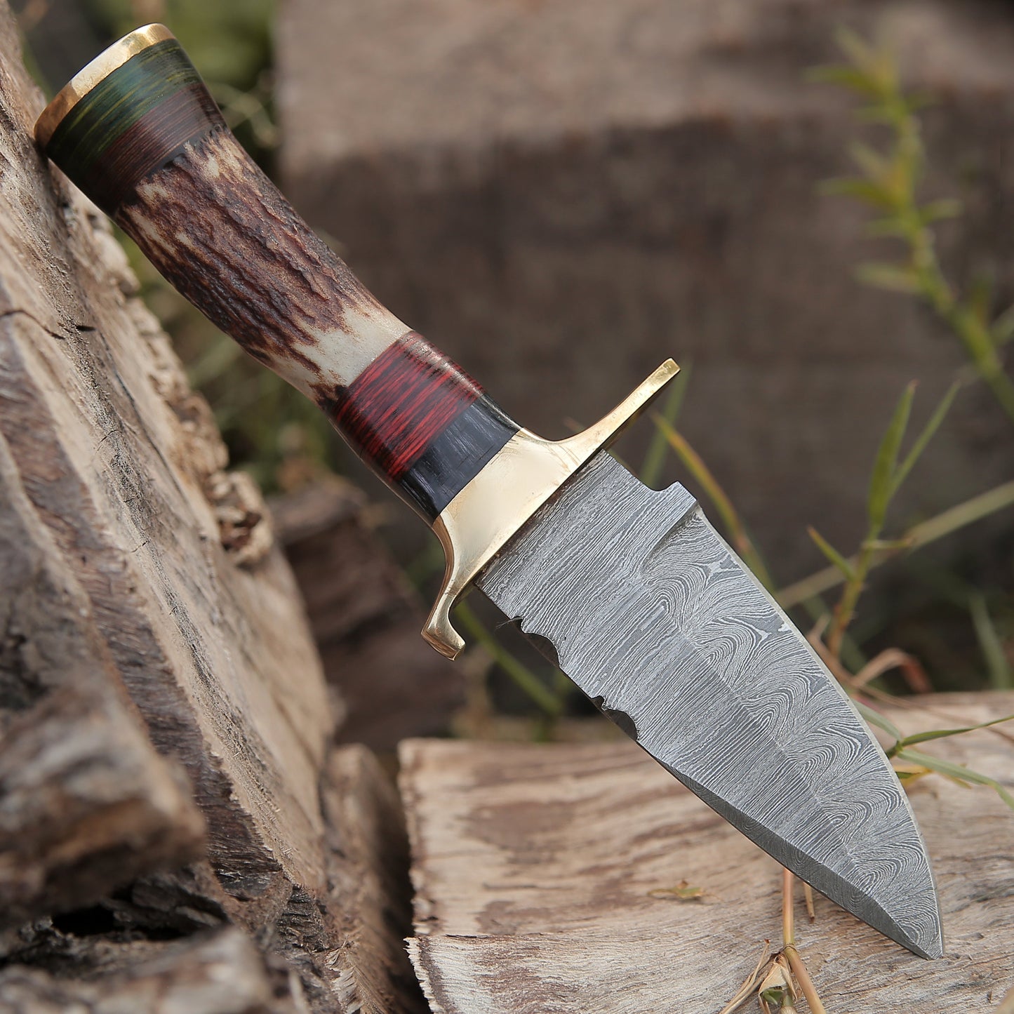 Custom Hand Forged Damascus Steel Hunting Brass Guard Knife& Stag Handle Wh 57 Knife