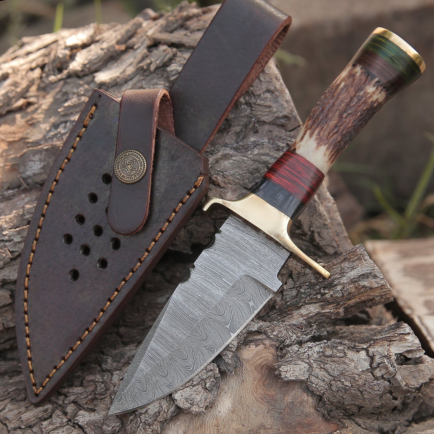 Custom Hand Forged Damascus Steel Hunting Brass Guard Knife& Stag Handle Wh 57 Knife