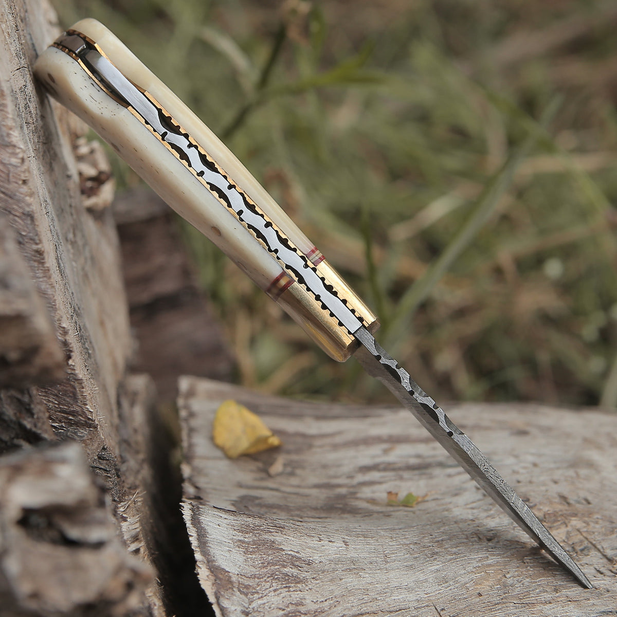 Custom Hand Forged Damascus Folding Knife Engraved Brass Bolster With Bone Handle Wh 1554