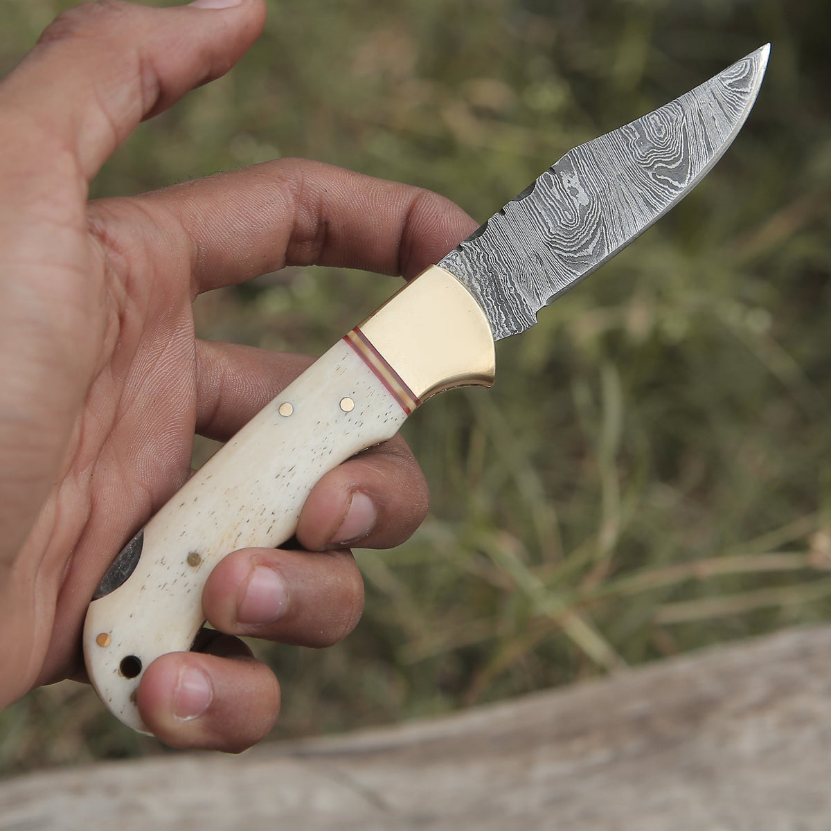 Custom Hand Forged Damascus Folding Knife Engraved Brass Bolster With Bone Handle Wh 1554