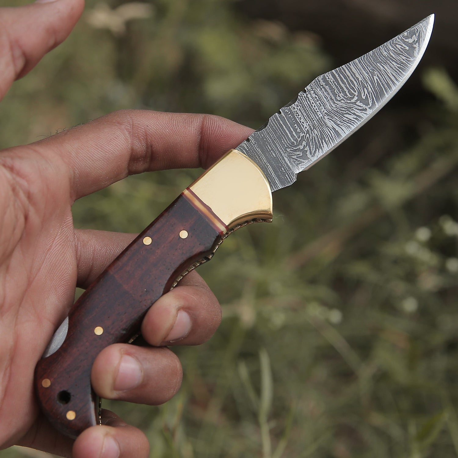 Custom Hand Forged Damascus Folding Knife Brass Bolster With Rose Wood Handle Wh 1555