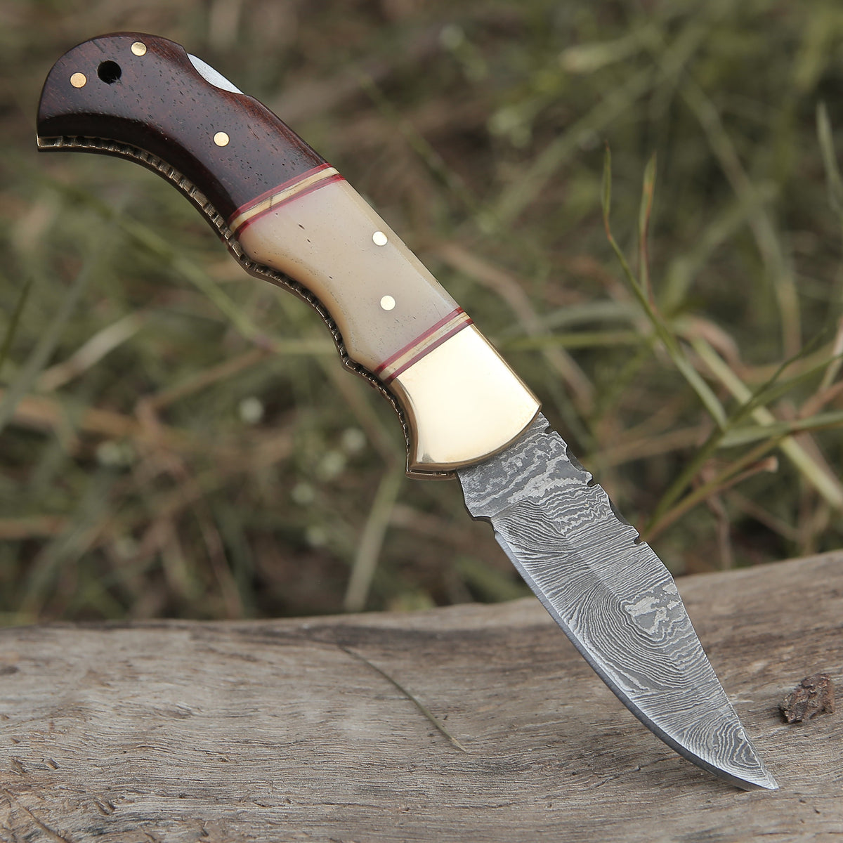 Custom Hand Forged Damascus Steel Folding Knife W/ Rose Wood & Bone Handle Wh 1280