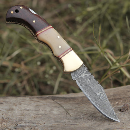 Custom Hand Forged Damascus Steel Folding Knife W/ Rose Wood & Bone Handle Wh 1280