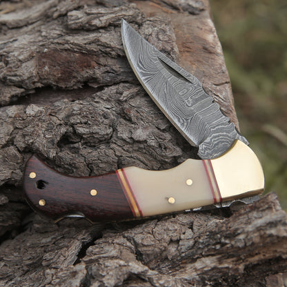 Custom Hand Forged Damascus Steel Folding Knife W/ Rose Wood & Bone Handle Wh 1280