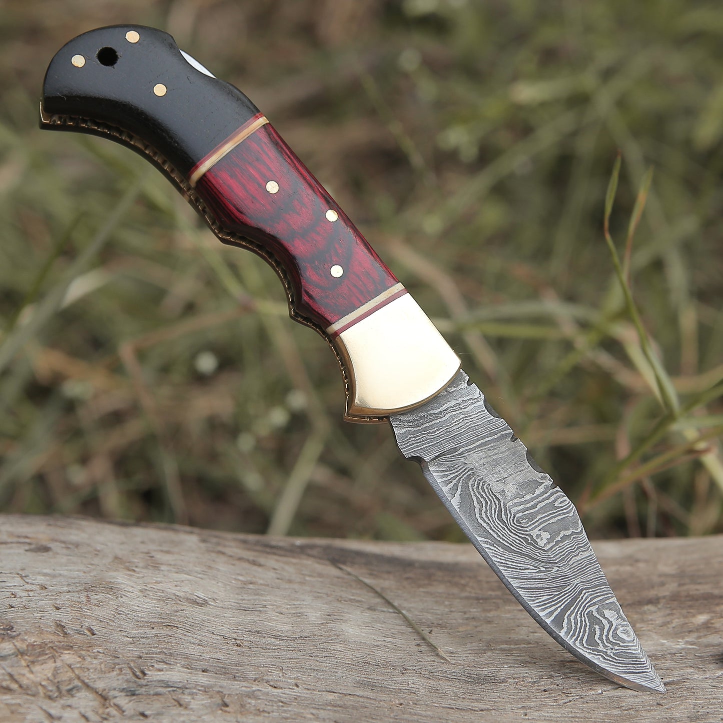 Custom Hand Made Damascus Steel Hunting Folding Knife With Brass Bolster & Bull Horn Wood Handle Wh