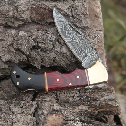 Custom Hand Made Damascus Steel Hunting Folding Knife With Brass Bolster & Bull Horn Wood Handle Wh