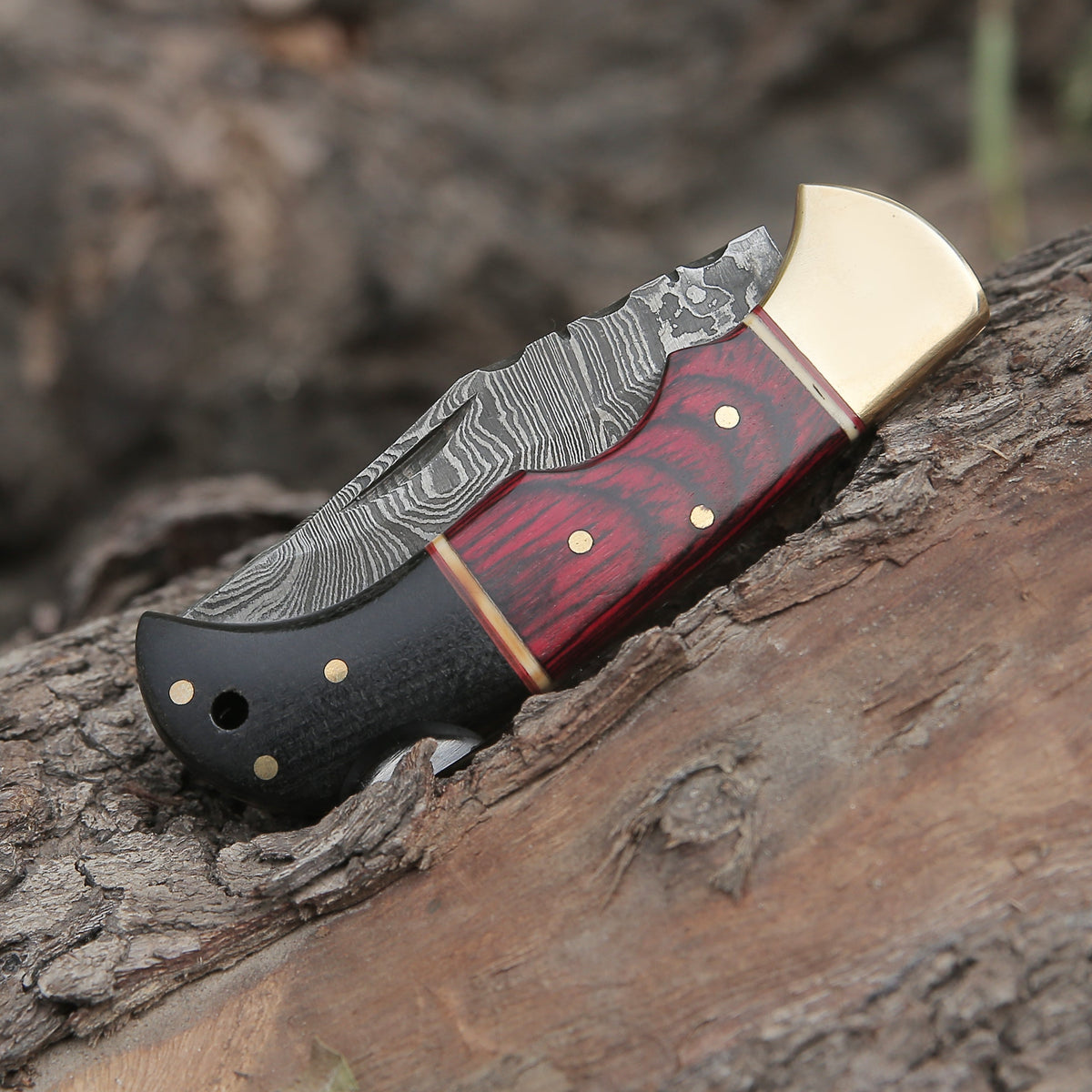 Custom Hand Made Damascus Steel Hunting Folding Knife With Brass Bolster & Bull Horn Wood Handle Wh