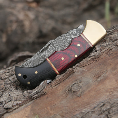 Custom Hand Made Damascus Steel Hunting Folding Knife With Brass Bolster & Bull Horn Wood Handle Wh