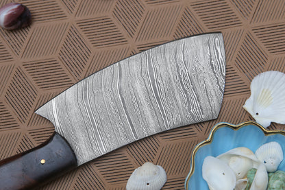 10 Damascus Chef Meat Cleaver With Dark Wood Handle & Leather Sheath Steel Chopper