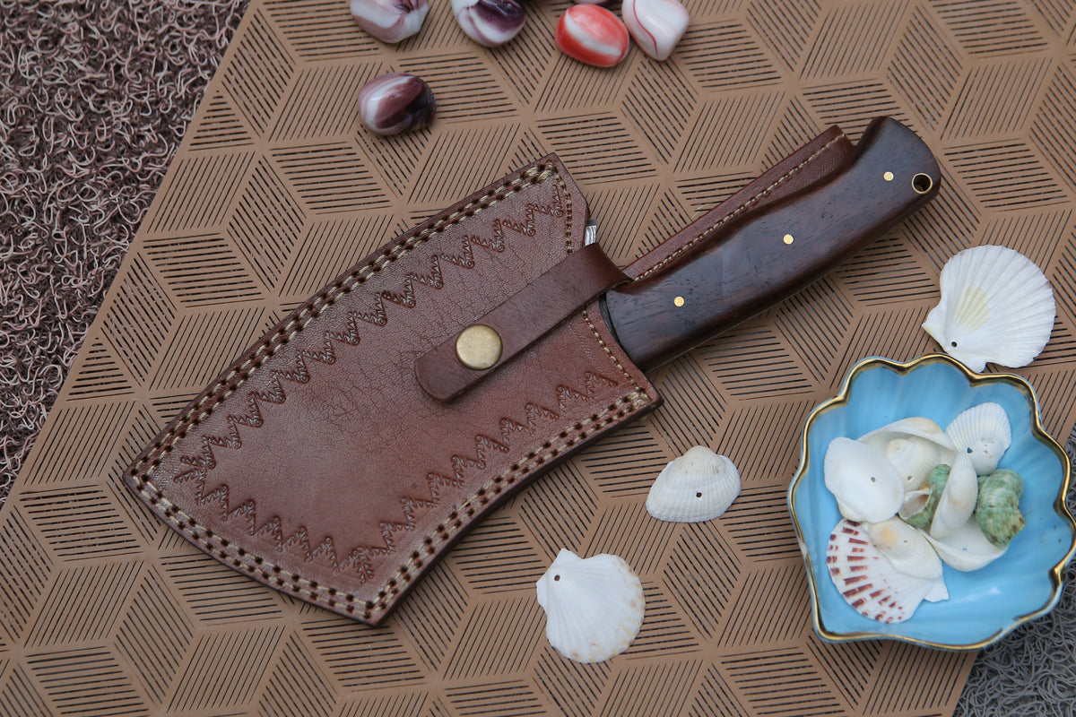 10 Damascus Chef Meat Cleaver With Dark Wood Handle & Leather Sheath Steel Chopper