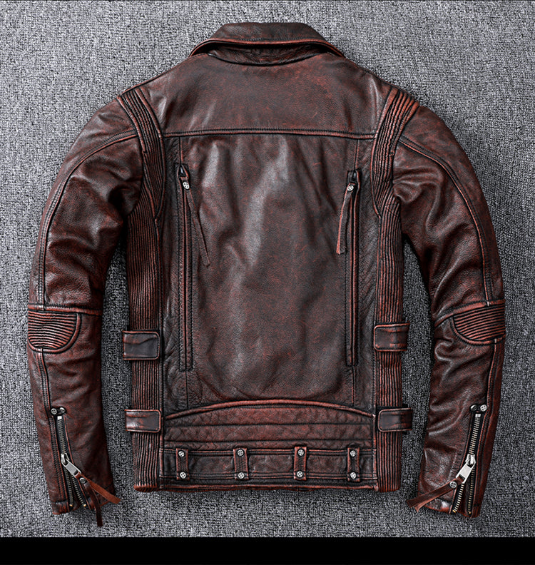 Vintage Brown Motorcycle Leather Jacket - Genuine Cowhide Leather Jacket For Men